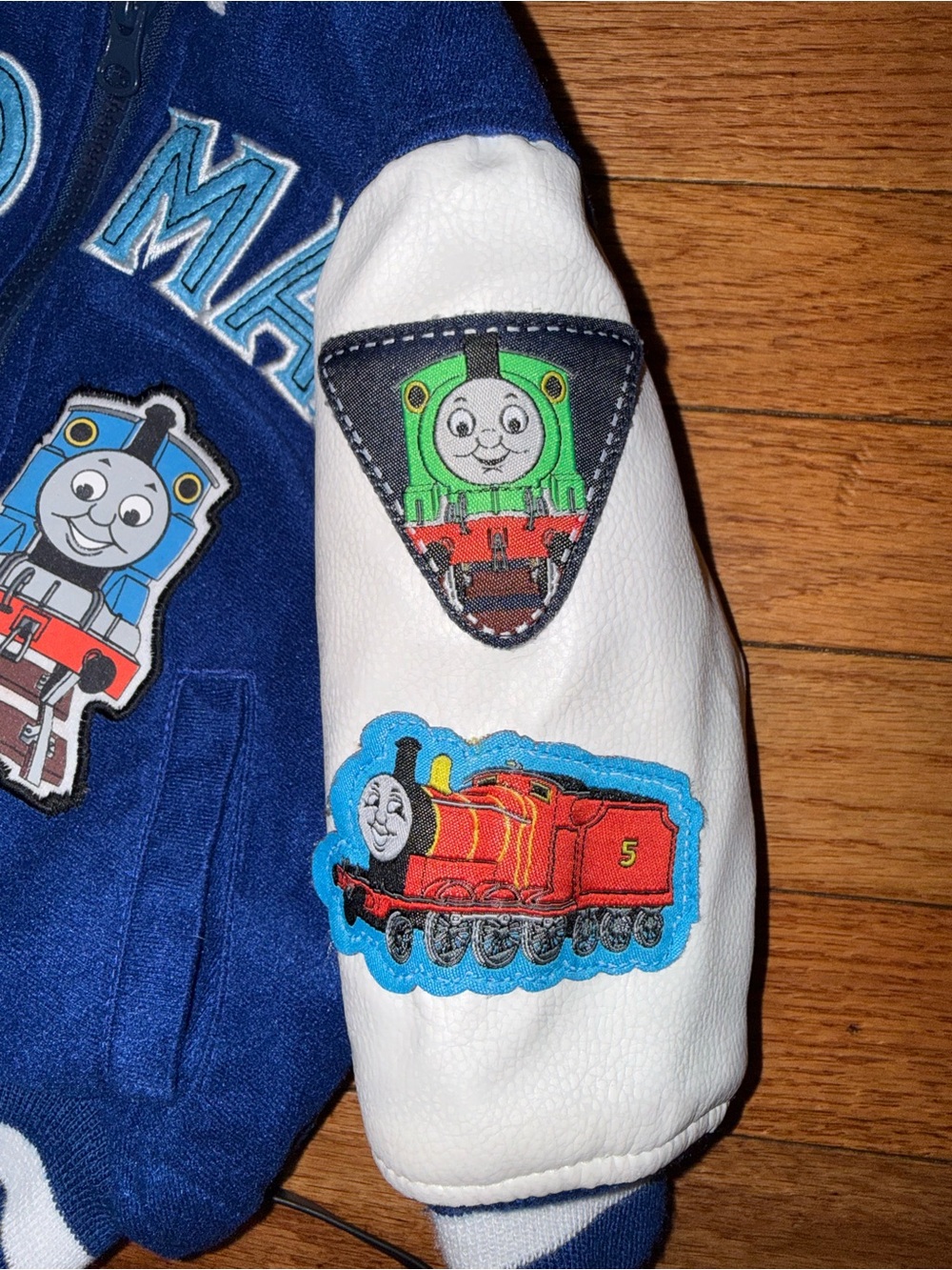 Vintage Y2K Thomas & Friends Varsity Jacket 12M Blue Quilted Train Bomber
